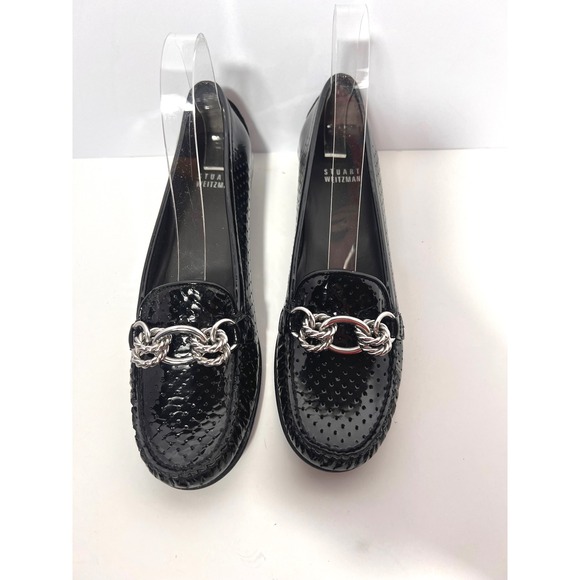 Stuart Weitzman Black Patent Leather Chain Link Loafer Flats - Picture 1 of 6